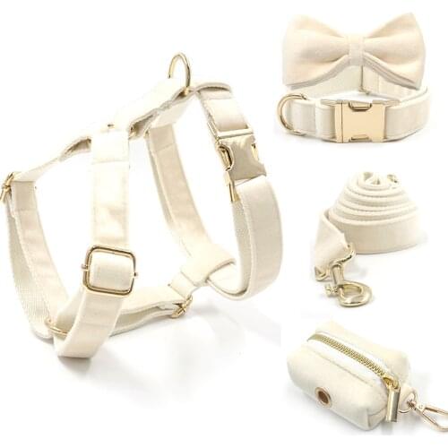 Cream Velvet Pet Collar for Small Medium Large Dogs Thicken Soft Padded Dog Harness Personalized Gold Buckles Luxury Harness Set