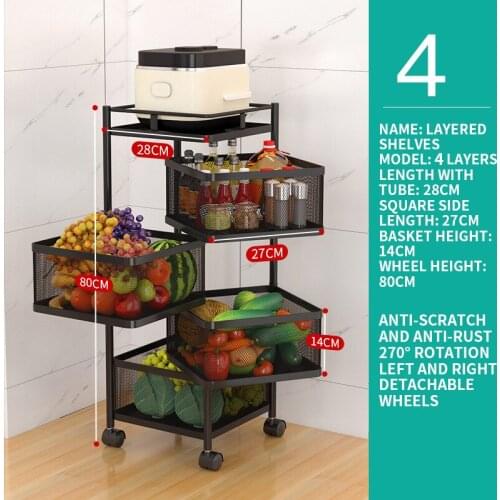 Rotating Shelf Floor 4 Layers Square Household Fruit and Vegetable Storage Shelf Breathable Mesh Basket/Waterproof and Rustproof