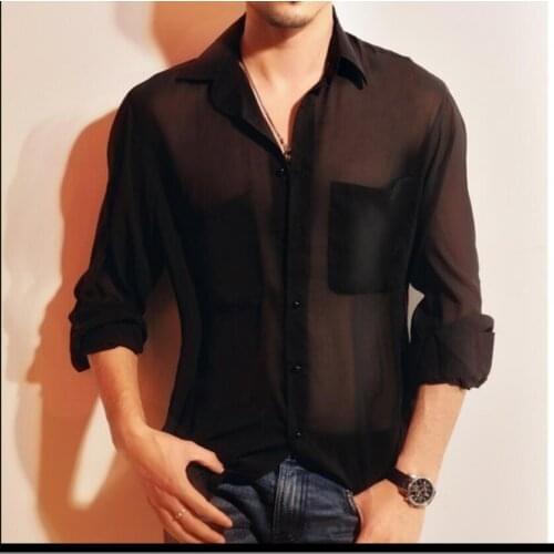 Original Design Mens Double Pocket Chiffon Shirt Translucent Sunscreen Sexy Loose Fall Shoulder Sleeves Shirts Singer Costumes
