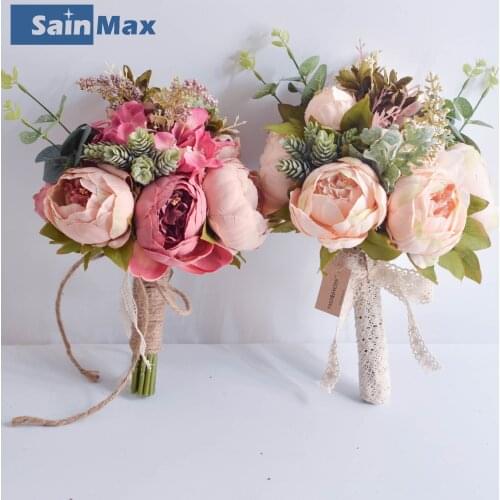 SainMax Wedding Bouquet Bride Handhold Flowers Peony Flower Decoration Simulation Flower Artificial ramos de novia artificiales