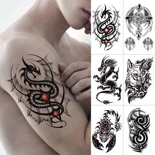 Waterproof Temporary Tattoo Sticker Dragon Wing Cross Flash Tatto Wolf Scorpion Totem Body Art Arm Water Transfer Fake Tatoo Men
