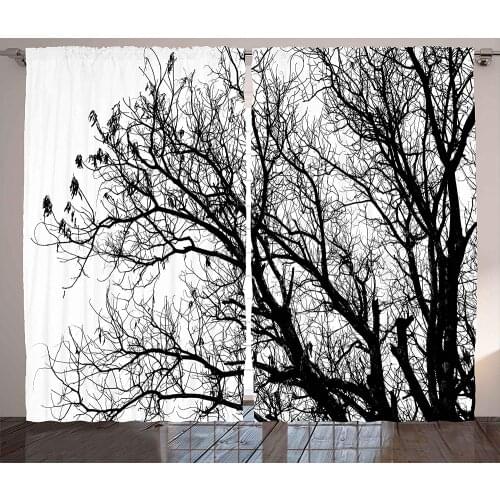 Nature Curtains Leafless Autumn Fall Tree Branches Tops Oak Forest Woodland Season Eco Theme Living Room Bedroom Window Drapes