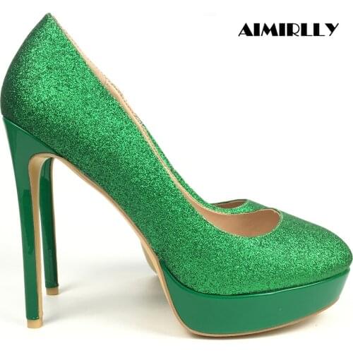 Womens Shoes Round Toe High Heels Pumps Platform Shoes Green Glitter Ladies Party Wedding Sexy Heels Aimirlly