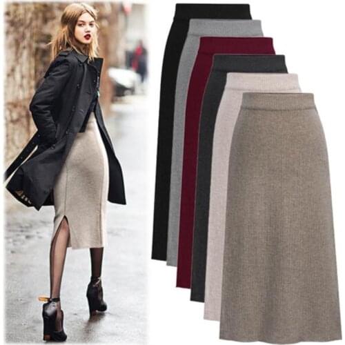 Plus Size 5XL 6XL Women Winter Long Bust Knitting Skirt Fashion Elastic Waist Split Mid-Calf Slim Hip Skirt Lady Autumn