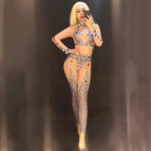 Women Jazz Costume Rhinestone Bodysuit Pole Dance Performance Clothing Nightclub DJ Gogo Stage Wear Beyonce Jumpsuit DNV10536