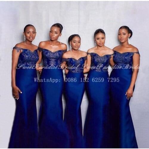 Royal Blue Mermaid Bridesmaid Dresses With Appliques Beads Off Shoulder African Girls Long Bridal Guest Dress Maid Of Honor