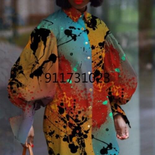 Vintage Patchwork Letter Print Casual Dress Women 2021 Fashion Lantern Sleeve Shirt Dress Office Lady Elegant Loose Mini Dresses