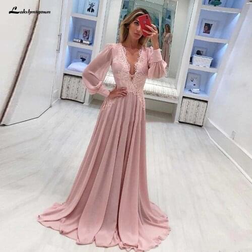 Pink Chiffon Mother of the Bride Dresses 2020 Sexy Deep V Neck Long Sleeves Lace Appliques A Line Evening Gowns for Special Occa