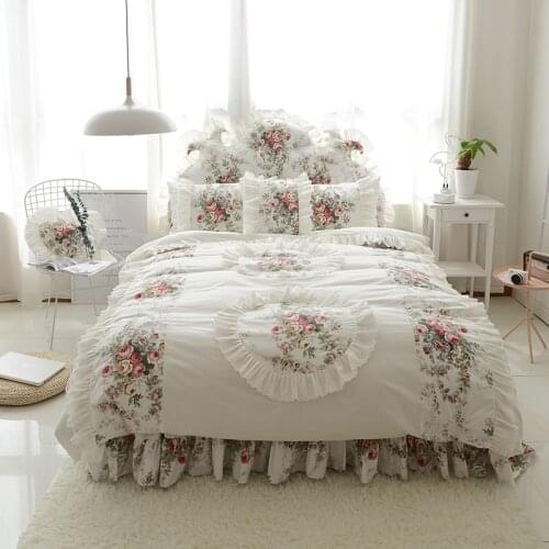 100% Cotton Beige Lace Ruffles Flower Print Princess Bedspread Bedding Set Duvet Cover Bed Skirt Pillowcases King Queen Size