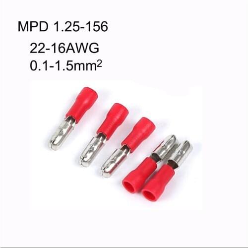 1000PCS MP1.25-156 red insulated Bullet disconnects 22-16AWG 10A 0.1-1.5mm2 Bullet head malewiring plug quick connector