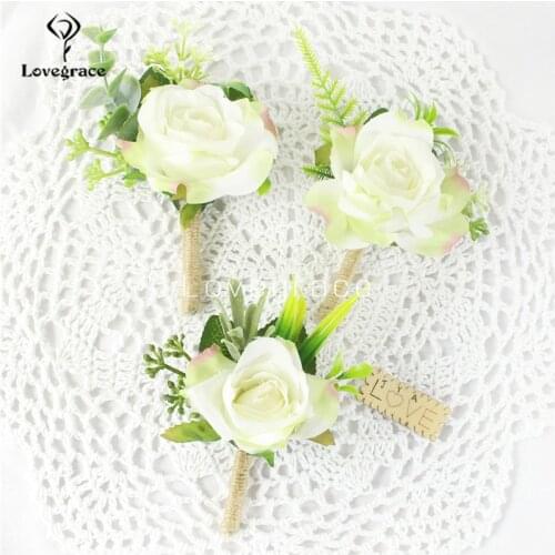 Lovegrace Boutonniere Wedding Bride Wrist Corsages Girl Bracelet White Silk Rose Flower Prom Party Men Brooch Pins Women Corsage