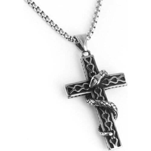 Vintage Snake Winding Cross Pendant Necklace 60cm Link Chain Fashion Punk Jewelry Cross Necklace For Men Hip Hop Gift