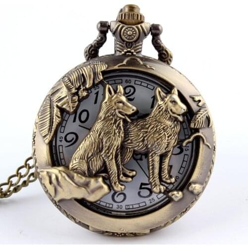 Retro Bronze Dog Wolf Holow Quartz Pocket Watch With Necklace Chain Women Mens Cool Pendant Clock Classic Quartz Pocket Watches