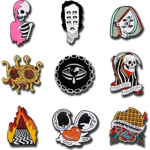 Punk horror enamel Pins Brooch Pink Skeleton Grim Reaper Multi-eyes men women face Metal Lapel Pin Badges Noodle monster Jewelry
