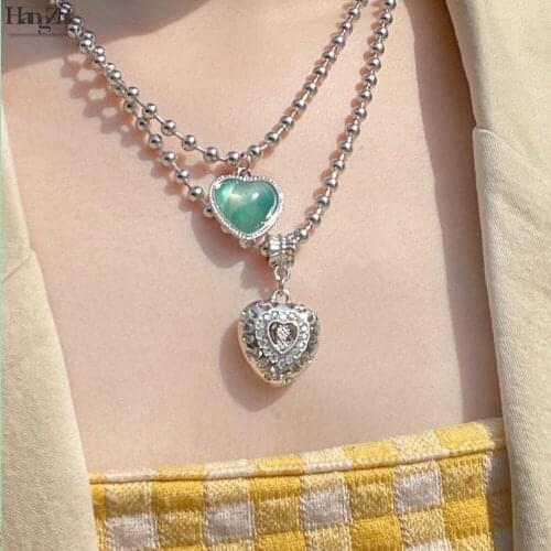 HangZhi 2021 New Baroque Green Clear Heart Cutout Rhinestone Titanium Steel Personalized Pendant Necklace for Women Jewelry