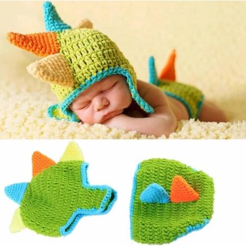 2Pcs Newborn Baby Photography Props Cute Dinosaur Crochet Knitted Hat Shorts Infant Toddler Handmade Sets