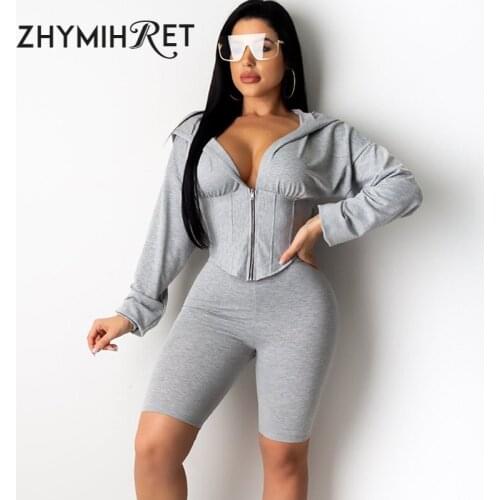 ZHYMIHRET 2020 Autumn Winter Hoodies V Neck Jacket And Biker Shorts Two Pieces Set Zippers Jogger Casual Long Sleeve Tracksuit
