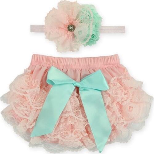 2019 Lace Newborn Ruffled Baby Bloomers Diaper Cover Headband Set,Newborn Ruffled Panties Baby Girls,Flower Infant Baby Shorts