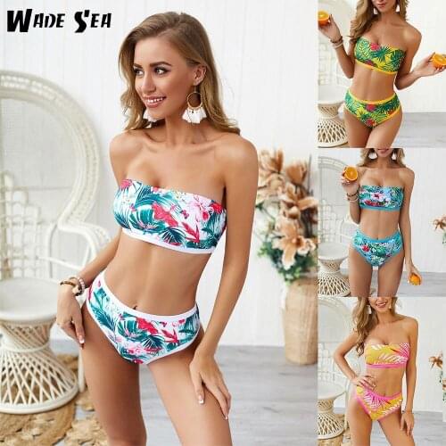 WADE SEA 2019 Hot Selling Flower Printing Bikini Set Women Bandeau Strapless High Waist Swimwear Push Up Swimsuit Bathing Suit