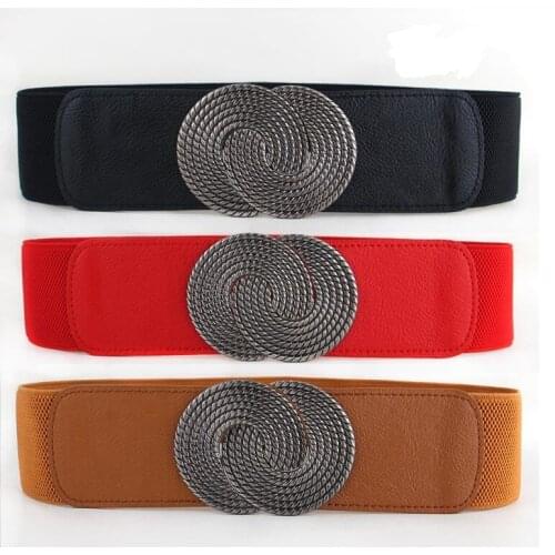 Hot Good Quality Wide Cummerbund girdle female vintage circle buckle elastic waistband Dress Cummerbunds leather stretch women