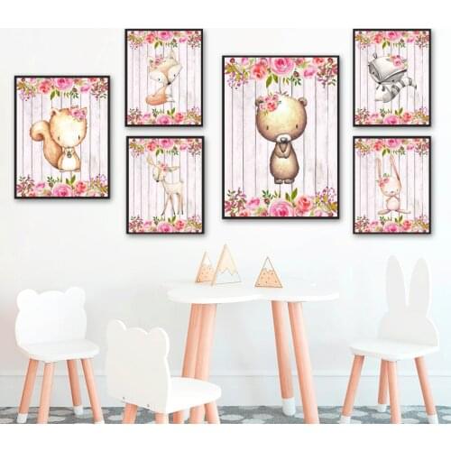 Cartoon Fox Deer Bear Rabbit Squirrel Raccoon Wall Art Canvas Painting Nordic Posters And Prints Wall Pictures Kids Room Decor