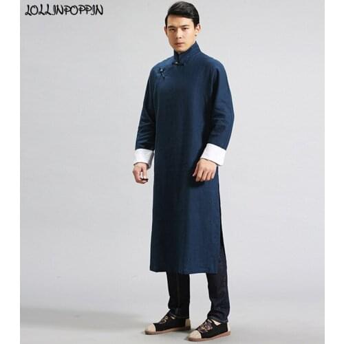 Men Traditional Chinese Linen Trench Coat Mandarin Collar Long Sleeves Mens Long Robes Frog Closures Side Slit Kung Fu Costumes