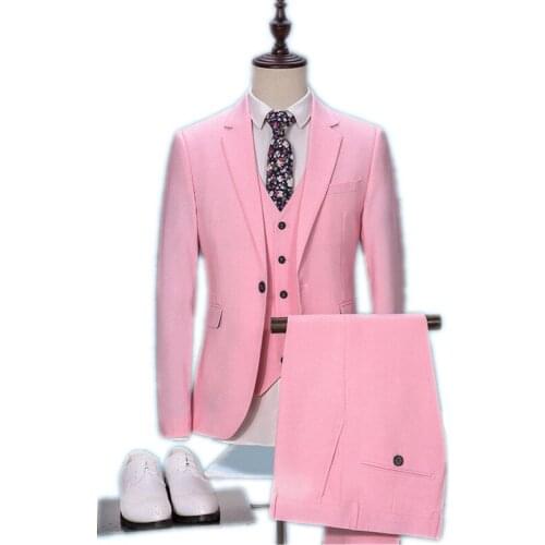 New Boutique Mens 3 Pieces Elegant Pink Casual Suit Suits With Pants Slim Fit Party Formal Business Suit