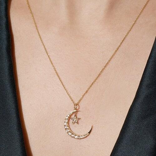 100% 925 Sterling Silver Christmas Gift CZ Paved Cute Lovely Moon Star Charm Delicate Silver Necklace