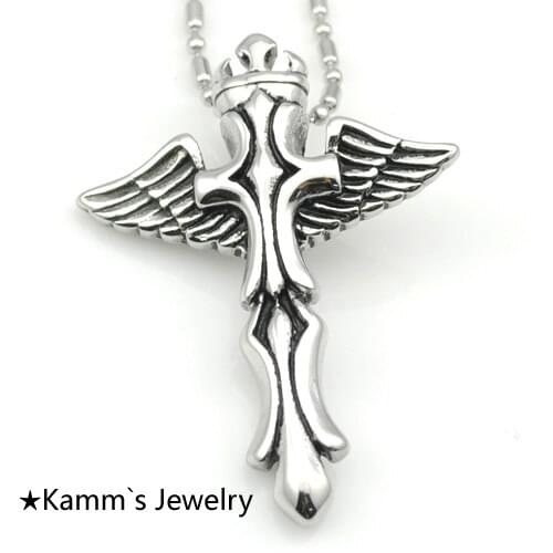 AMUMIU Crown Cross Wings Pendant Necklace 316L Stainless Steel 60CM Chain Thanksgiving Gift Jewelry Wholesale KP145