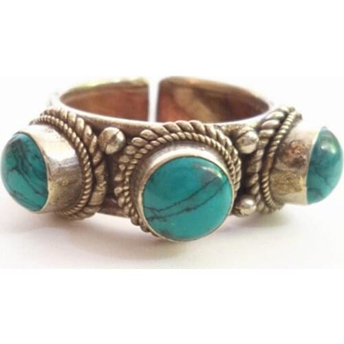 R167 Tibetan Rings Rose Copper Inlaid Three Simulated Turquoises Beads Rings Open Ring