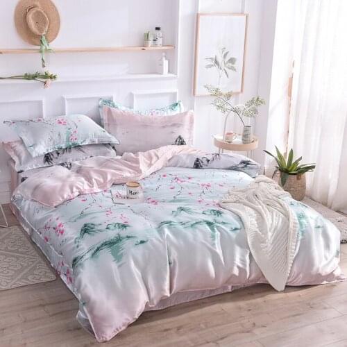 Luxury Faux Silk Landscape Printed Bedding Set Satin Duvet Cover Set Bed Sheet Pillowcase 3/4pcs Twin Queen King Size Bedclothes