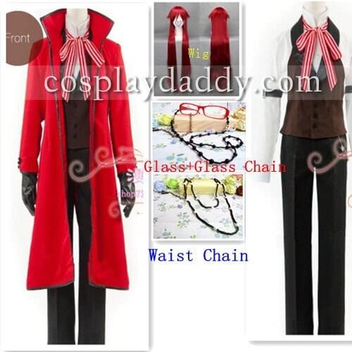 Black Butler Shinigam Grell Sutcliff cosplay costume Outfit+Wig+Glass+ Chain