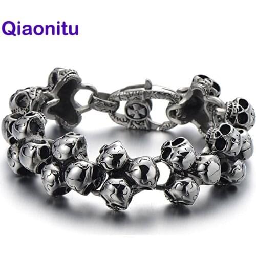 24mm Heavy Biker Skull Braceles Mens Titanium Stainless Steel Skull Bracelet Jewelry Punk Rock Mens Skeleton Bracelet Bangle