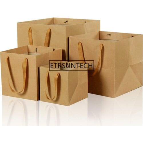 100pcs/lot Fruit flowers bonsai packaging paper bag with handle square bottom kraft paper bag gift bag Black/Brown 4 Large Size