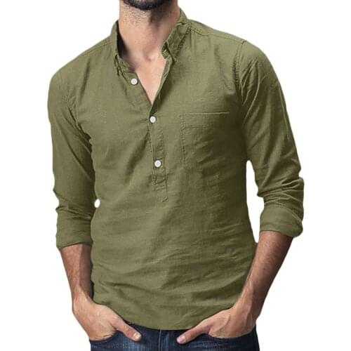 Vintage Men Casual Shirt Long Sleeve Cotton Linen Stand Collar Solid Business Streetwear Henley Shirts Men Harajuku 2021#F3