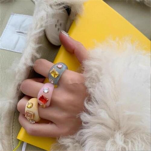 Vintage Colorful Transparent Korean Acrylic Resin Gem Ring Geometric Square Round Rhinestone Rings Party Aesthetics Jewelry