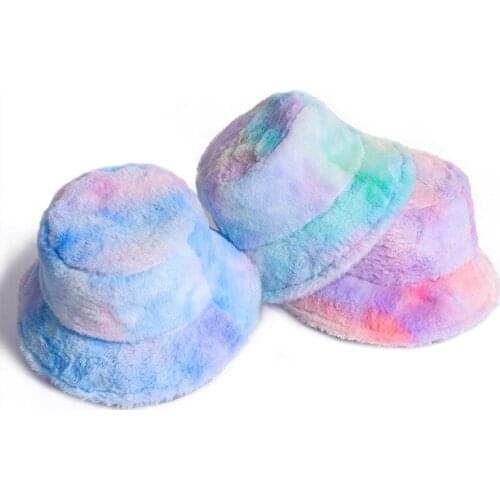 Women Winter Bucket Cap Tie-Dyeing Warm Plush Fmale Lady Gilrs Hat Caps Thick Warmer Fisherman Hat