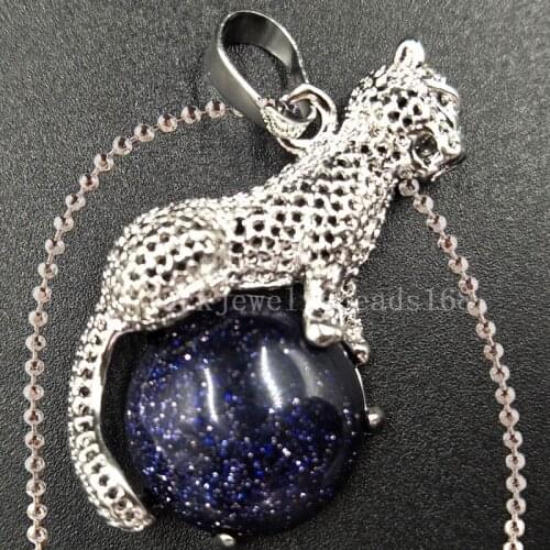 Free Shipping Women Fashion Jewelry Blue Sand Cheetah Round Art Necklace With Chain 1pcs C5516