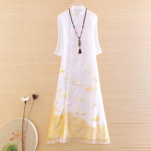 High-end Summer Chinese Style Women Organza Cheongsam Dress Retro Elegant Embroidery A-line Lady Party Qiapao Dress S-XXL