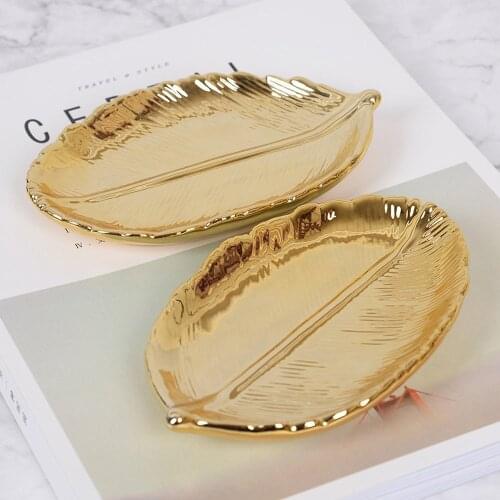 Golden Ceramic leaf serving tray /Jewelry tray,5.8inch fruit food storage dish salad snack bread dessert serving platter