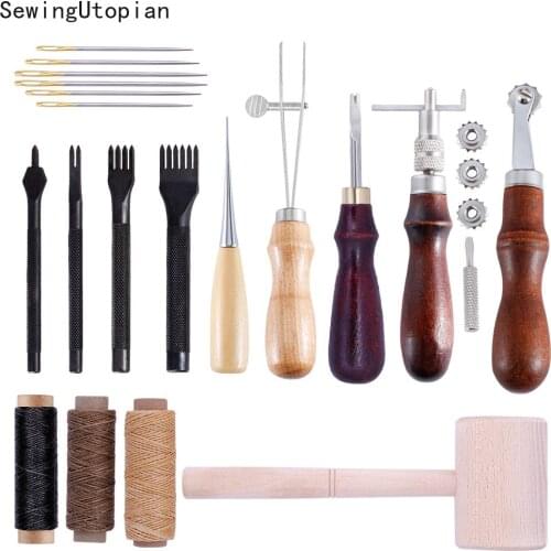 19PCS Leather Craft Punch Tools Carving Sewing 150D Flat Wax Thread Wood Carving Hammer Kit Stitching Leather Tools Set