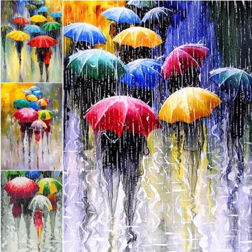 5D Diy Diamond Painting Umbrella Scenery Mosaic Cross Stitch Rain Scenery Embroidery Kits Street People Art Picture Home Decor