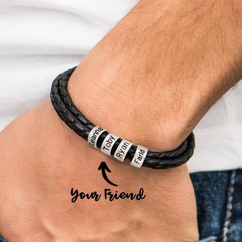 Custom Stainless Steel Beaded Coil Bracelets Genuine Leather Braided Rope Mens Bracelet With Custom Famaliy Names Gift Je