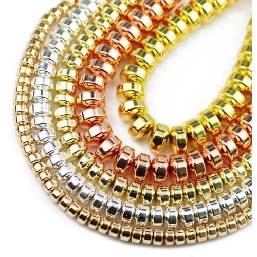 Rose Gold Silvers Flat Cylinder Hematite Natural Stone Round Spacer Loose Beads For Jewelry Making Diy Bracelet Necklace 4/6/8MM