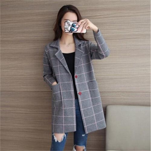 Sweater Female Autumn new long sweaters ladies autumn long-sleeved cardigan Plaid loose fashion sweater coat women