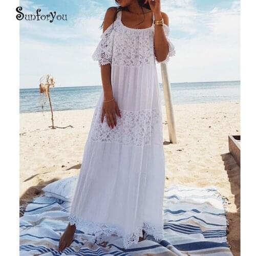 Lace Cotton Long Beach Cover up Boho Dress Saida de Praia Sarong Vestido Playa Bikini cover up Maxi Beach Dress Tunic for Beach