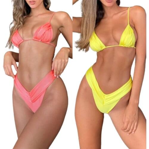 Summer Ladies Split Swimwear Set, Adults Women Creative Solid Color Lace Up Ruched Bikini Sexy Backless Swimsuit