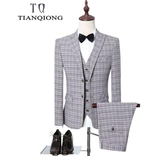 Grey Check Formal Mens Slim Fit Business Suits Wedding Tuxedos Suits for Men Bespoke 3 Pieces Traje Hombre Jacket Vest Pants
