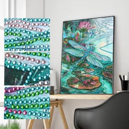 5D DIY Partial Drill Special Shaped Diamond Painting Green Dragonfly Lotus Embroidery Cross Stitch Kit Home Wall Decoration