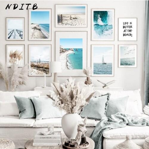 Ocean Beach Seascape Canvas Wall Art Print Painting Nordic Coastline Poster Sand Bridge Artwork Picture Modern Living Room Decor